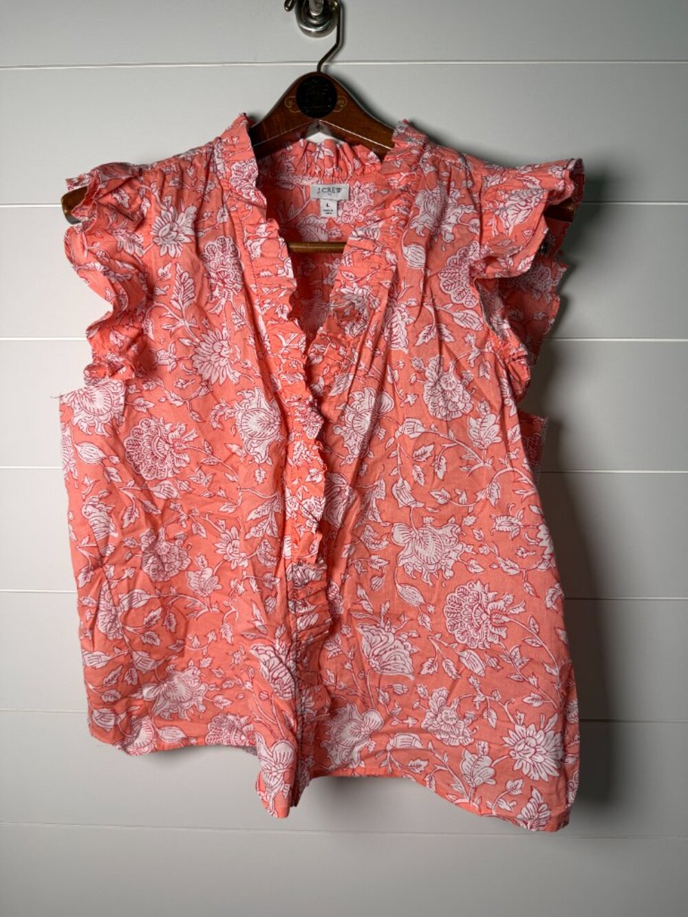 J. Crew Coral White Floral Cap Ruffle Sleeves Button Up 100% Cotton Summer Sz L
